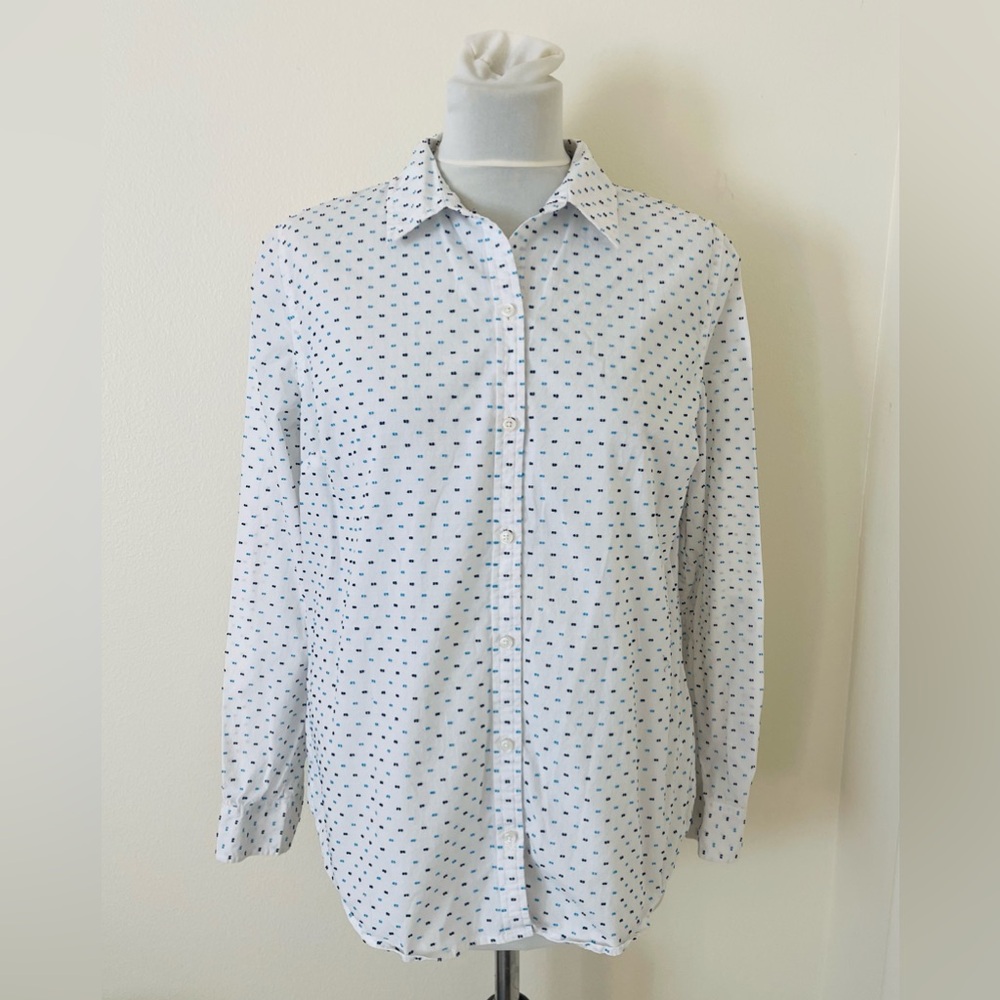 Charter Club Women Button Down Shirt 12 White Polka Dot 100% Cotton Career